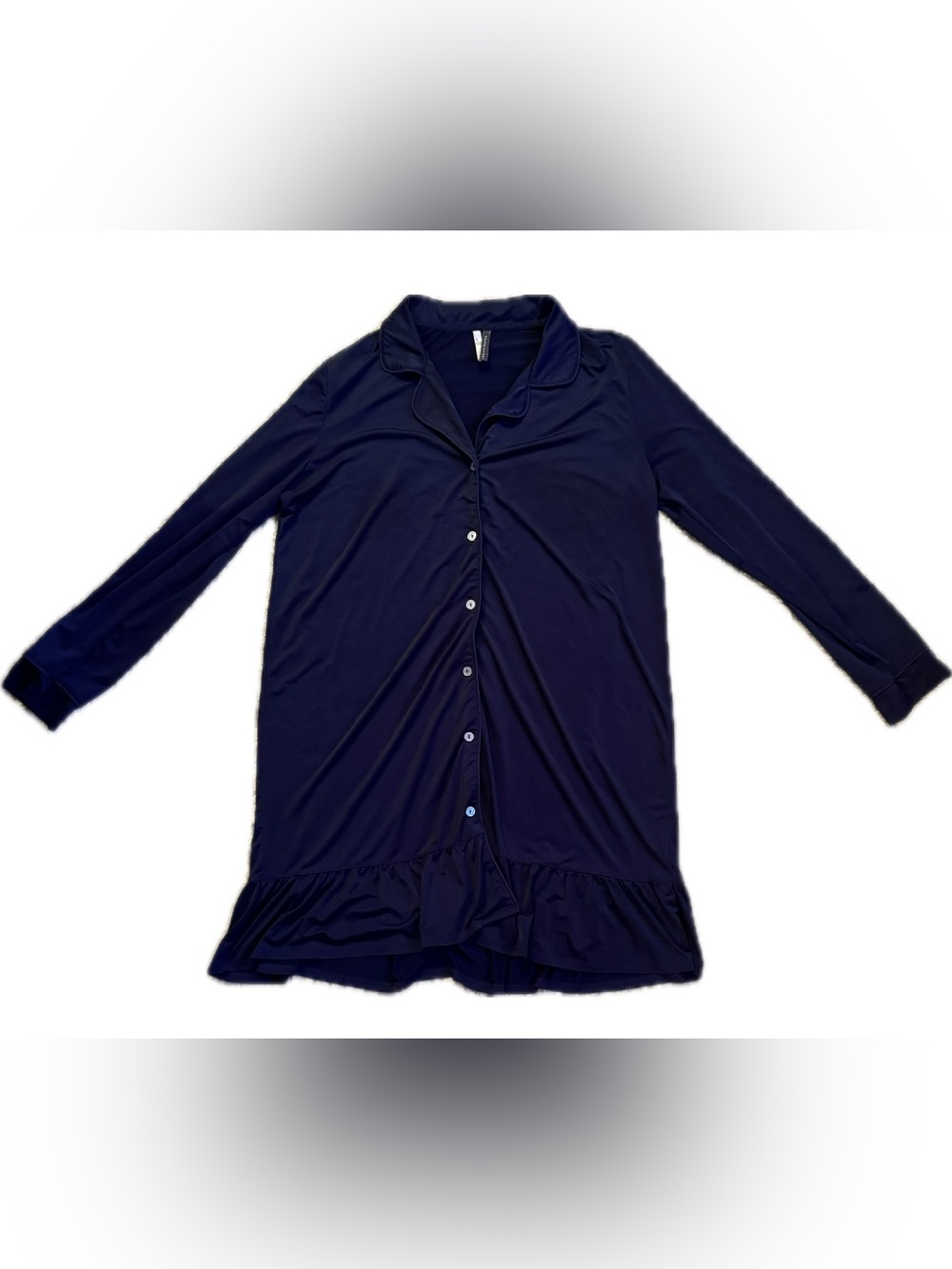 Women’s Navy Button-Front Sleep Shirtdress with Ruffle Hem